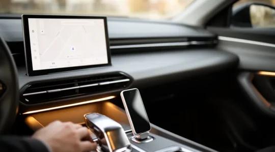 Tableau de bord de voiture moderne avec système d'infodivertissement et smartphone Android