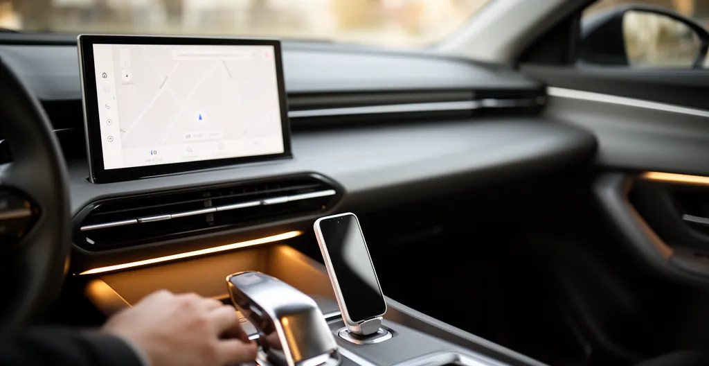 Tableau de bord de voiture moderne avec système d'infodivertissement et smartphone Android