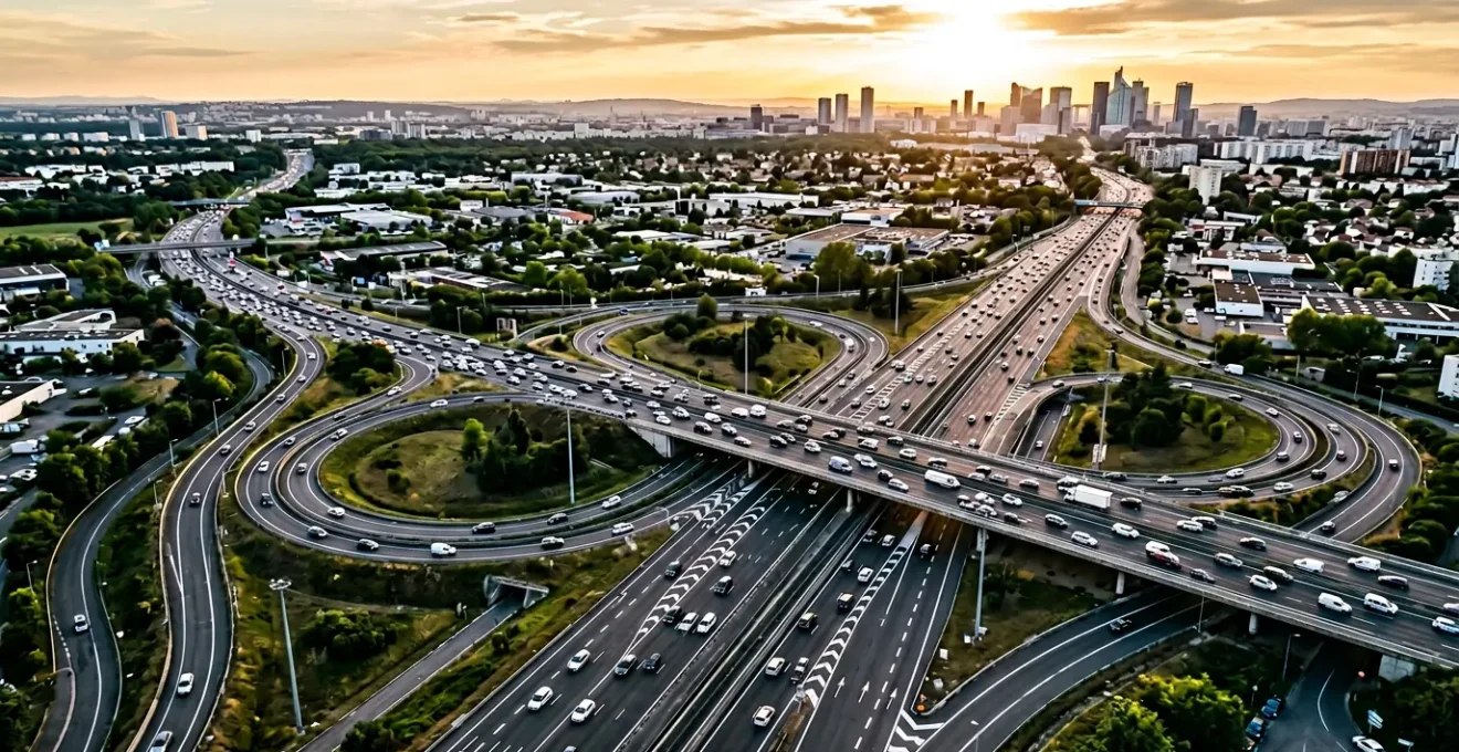 Vue aérienne d'une autoroute française aux heures de pointe avec des flux de circulation prédictifs visualisés par des traînées lumineuses