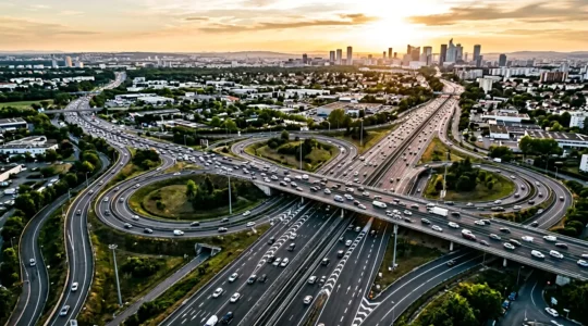 Vue aérienne d'une autoroute française aux heures de pointe avec des flux de circulation prédictifs visualisés par des traînées lumineuses