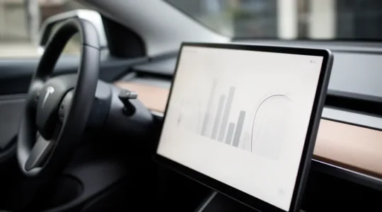 Tableau de bord d'une voiture électrique moderne affichant l'autonomie restante avec un paysage hivernal en arrière-plan