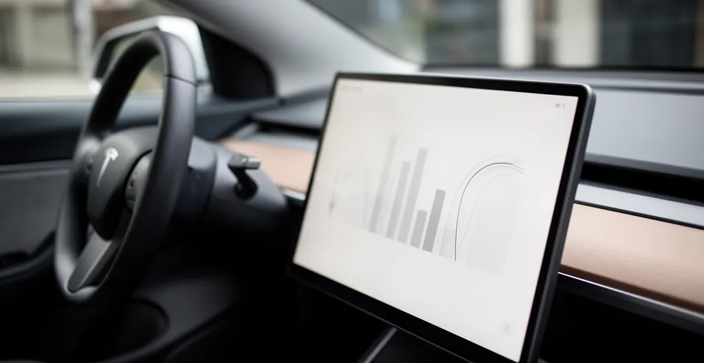Tableau de bord d'une voiture électrique moderne affichant l'autonomie restante avec un paysage hivernal en arrière-plan