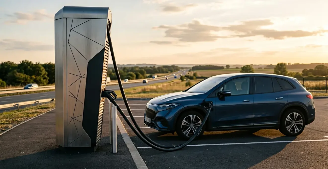 Station de charge ultra-rapide sur autoroute avec véhicule électrique connecté et câble de recharge haute puissance