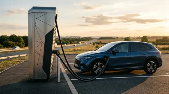 Station de charge ultra-rapide sur autoroute avec véhicule électrique connecté et câble de recharge haute puissance