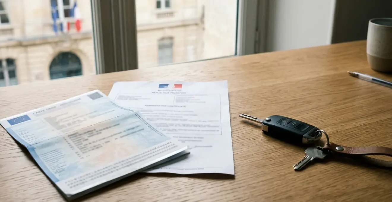Documents administratifs automobiles avec certificat de non-gage et carte grise sur un bureau en bois avec clés de voiture