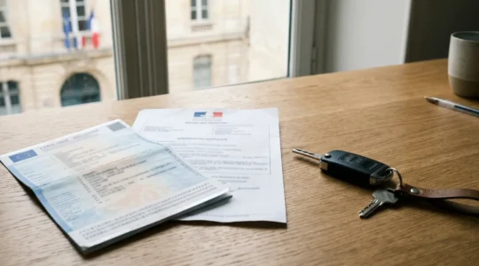 Documents administratifs automobiles avec certificat de non-gage et carte grise sur un bureau en bois avec clés de voiture