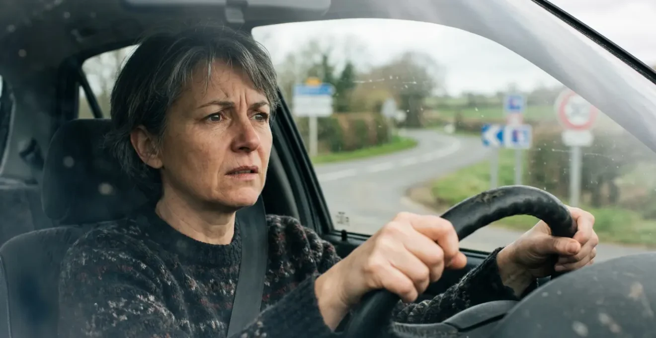 Conducteur au volant observant les panneaux de signalisation routière française