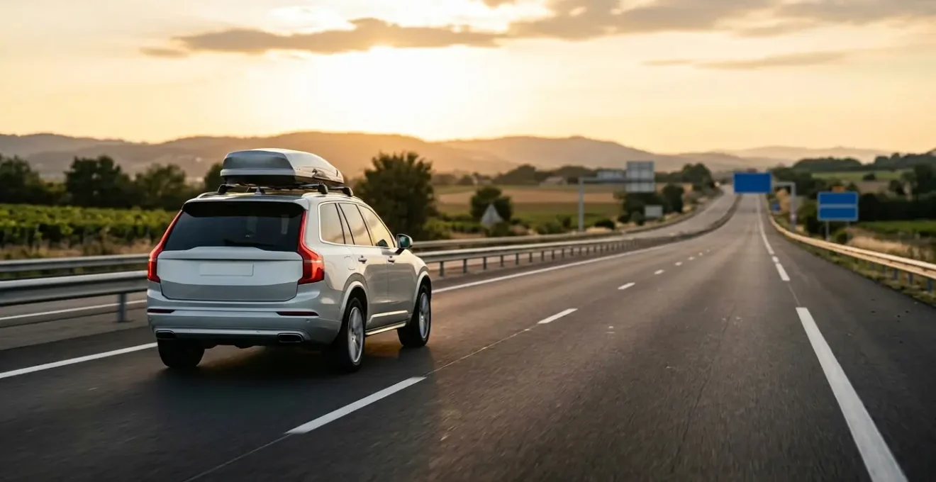 Coffre de toit aérodynamique monté sur un SUV français roulant sur autoroute