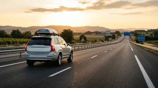 Coffre de toit aérodynamique monté sur un SUV français roulant sur autoroute