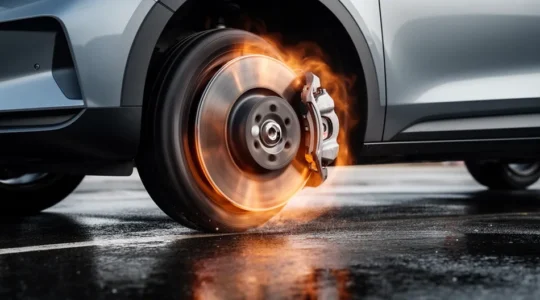 Vue rapprochée d'un système de freinage automobile moderne en action avec effet de flou cinétique