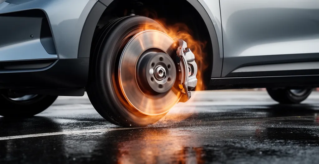 Vue rapprochée d'un système de freinage automobile moderne en action avec effet de flou cinétique