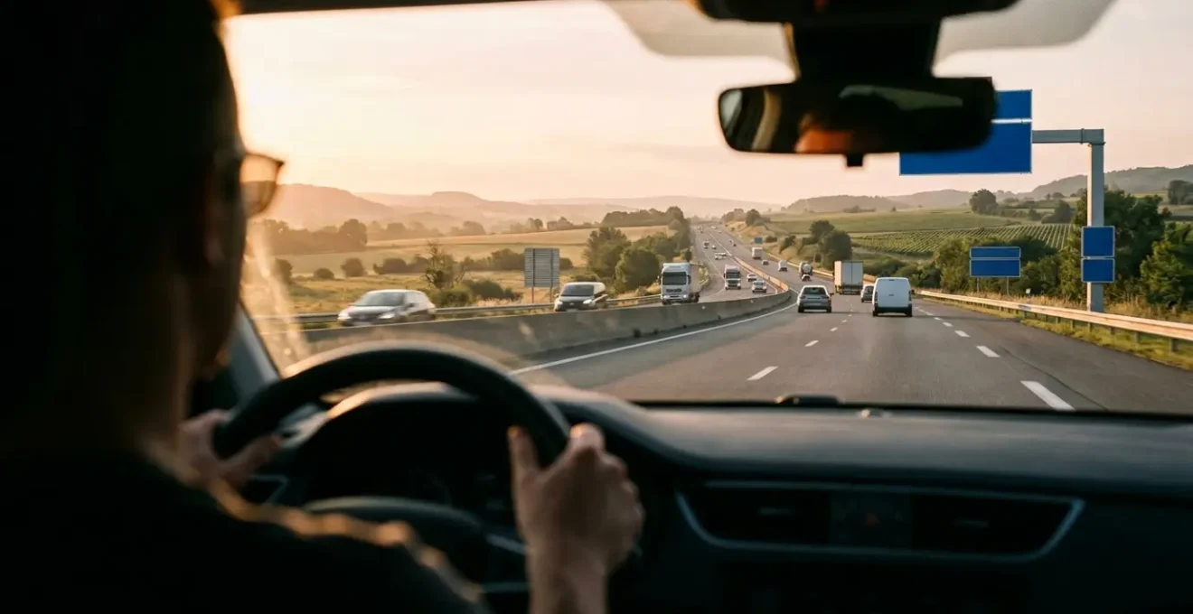 Conducteur au volant sur autoroute française lors d'un trajet matinal