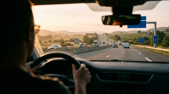 Conducteur au volant sur autoroute française lors d'un trajet matinal