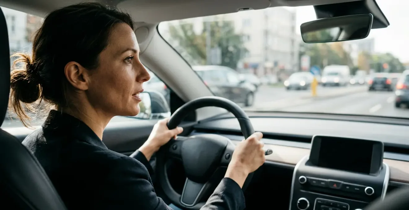 Conducteur utilisant les commandes vocales dans une voiture moderne en gardant les mains sur le volant