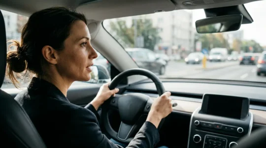Conducteur utilisant les commandes vocales dans une voiture moderne en gardant les mains sur le volant