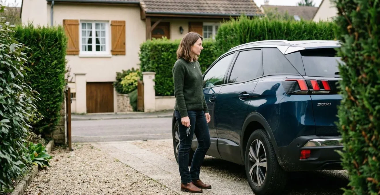 Conductrice observant son SUV dans une allée résidentielle, réflexion sur l'assurance auto tous risques