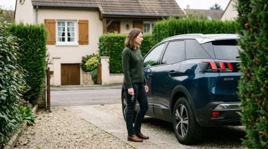 Conductrice observant son SUV dans une allée résidentielle, réflexion sur l'assurance auto tous risques