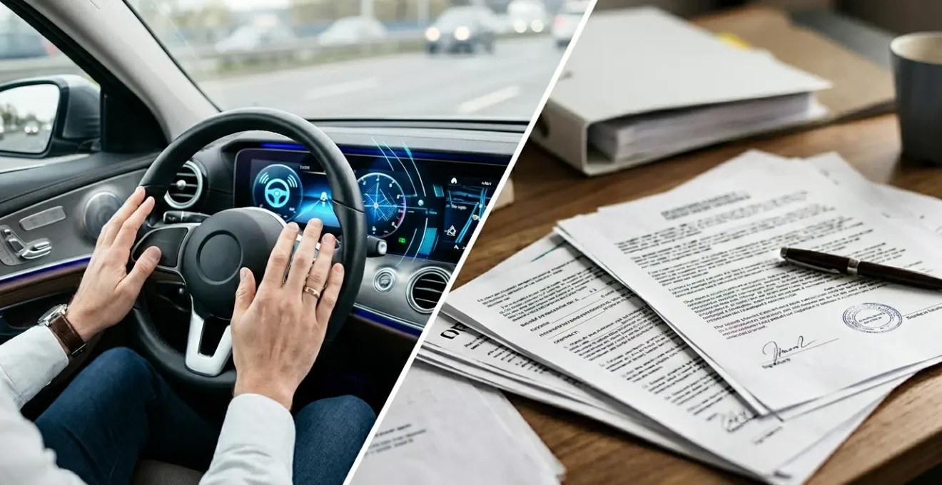Intérieur moderne de véhicule avec système de conduite autonome activé, mains du conducteur détendues près du volant