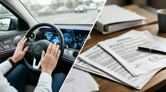 Intérieur moderne de véhicule avec système de conduite autonome activé, mains du conducteur détendues près du volant
