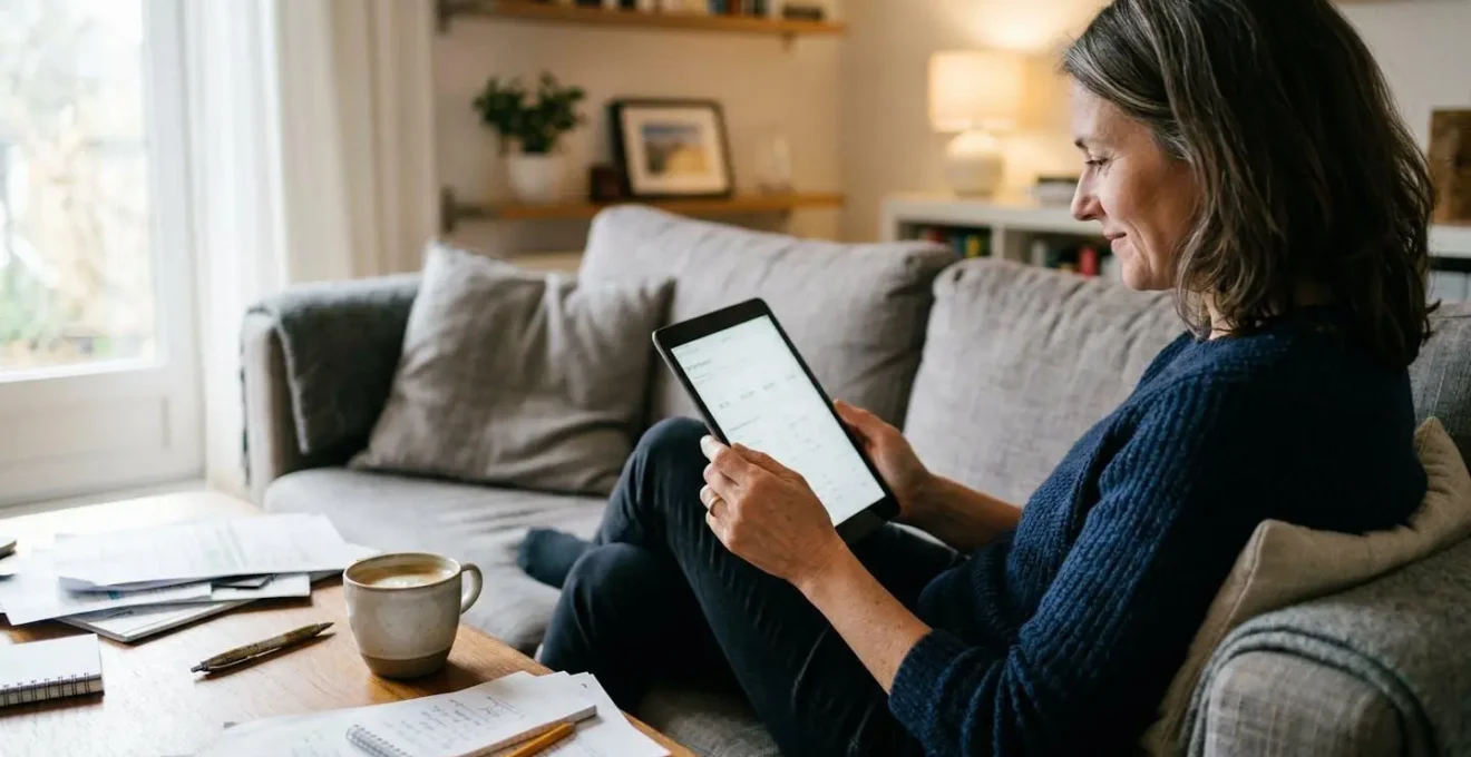 Femme européenne consultant des chiffres sur une tablette dans un salon, documents éparpillés sur une table basse