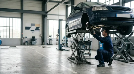 Mécanicien inspectant minutieusement un véhicule dans un centre de contrôle technique avec équipements professionnels