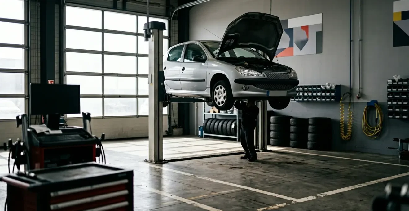Voiture immobilisée avec vignette de défaillance critique sur le pare-brise dans un garage automobile français