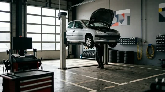 Voiture immobilisée avec vignette de défaillance critique sur le pare-brise dans un garage automobile français