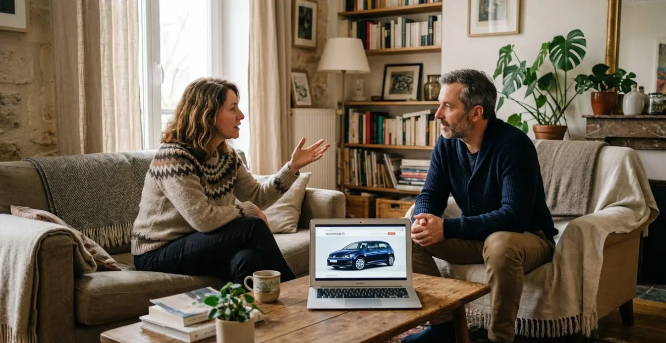 Couple discutant de leur assurance auto dans leur salon, ordinateur ouvert