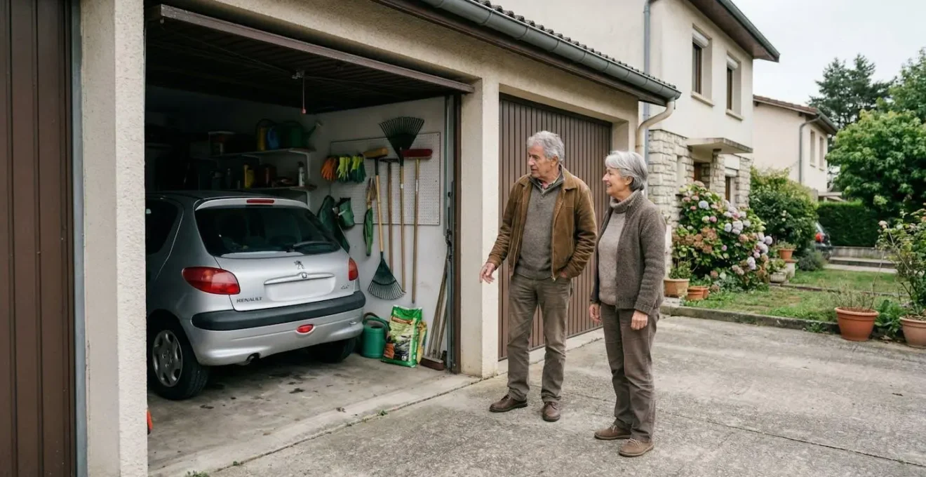 Couple devant leur garage discutant de leur véhicule
