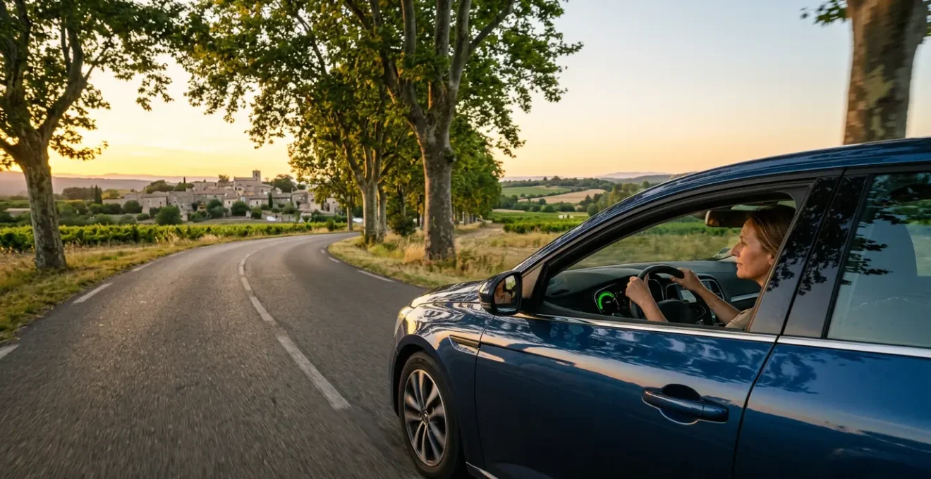 Voiture moderne sur route française économisant du carburant avec une conduite fluide