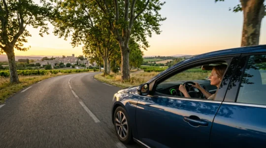 Voiture moderne sur route française économisant du carburant avec une conduite fluide