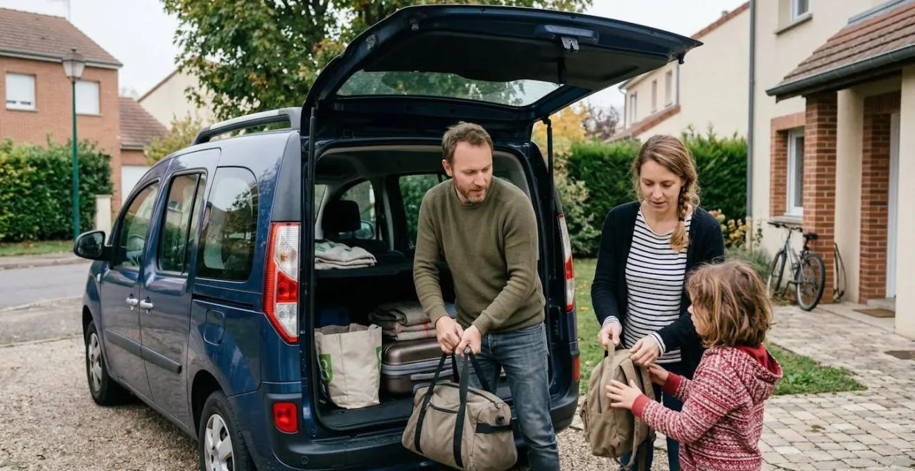 Famille française chargeant ses bagages dans le coffre de sa voiture LLD avant un départ