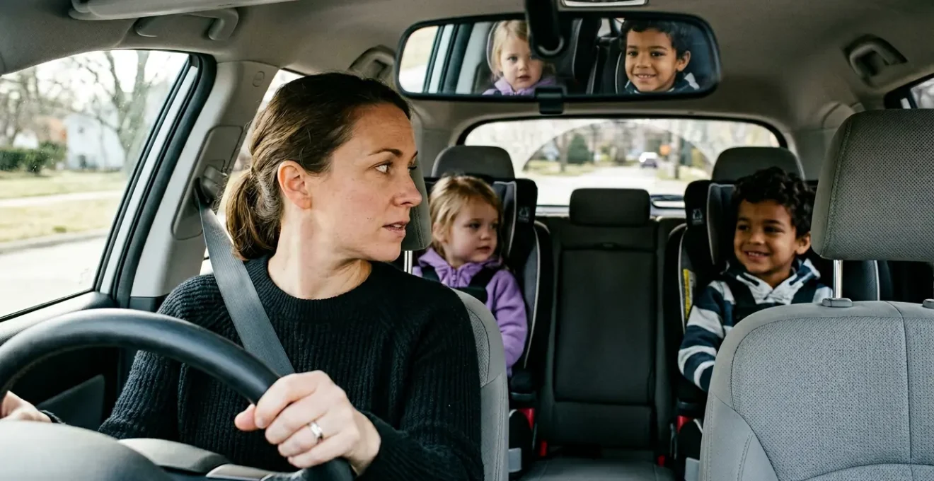 Famille dans voiture équipée de dispositifs de sécurité passive, vue intérieure montrant airbags rideaux et sièges auto Isofix
