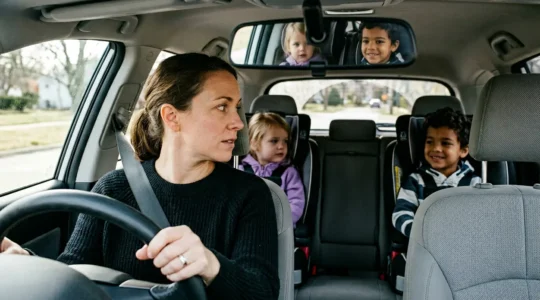 Famille dans voiture équipée de dispositifs de sécurité passive, vue intérieure montrant airbags rideaux et sièges auto Isofix