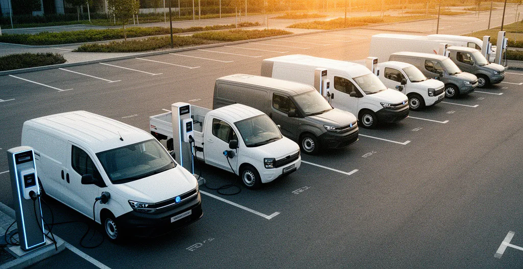 Vue aérienne d'un parking d'entreprise avec véhicules utilitaires électriques en charge