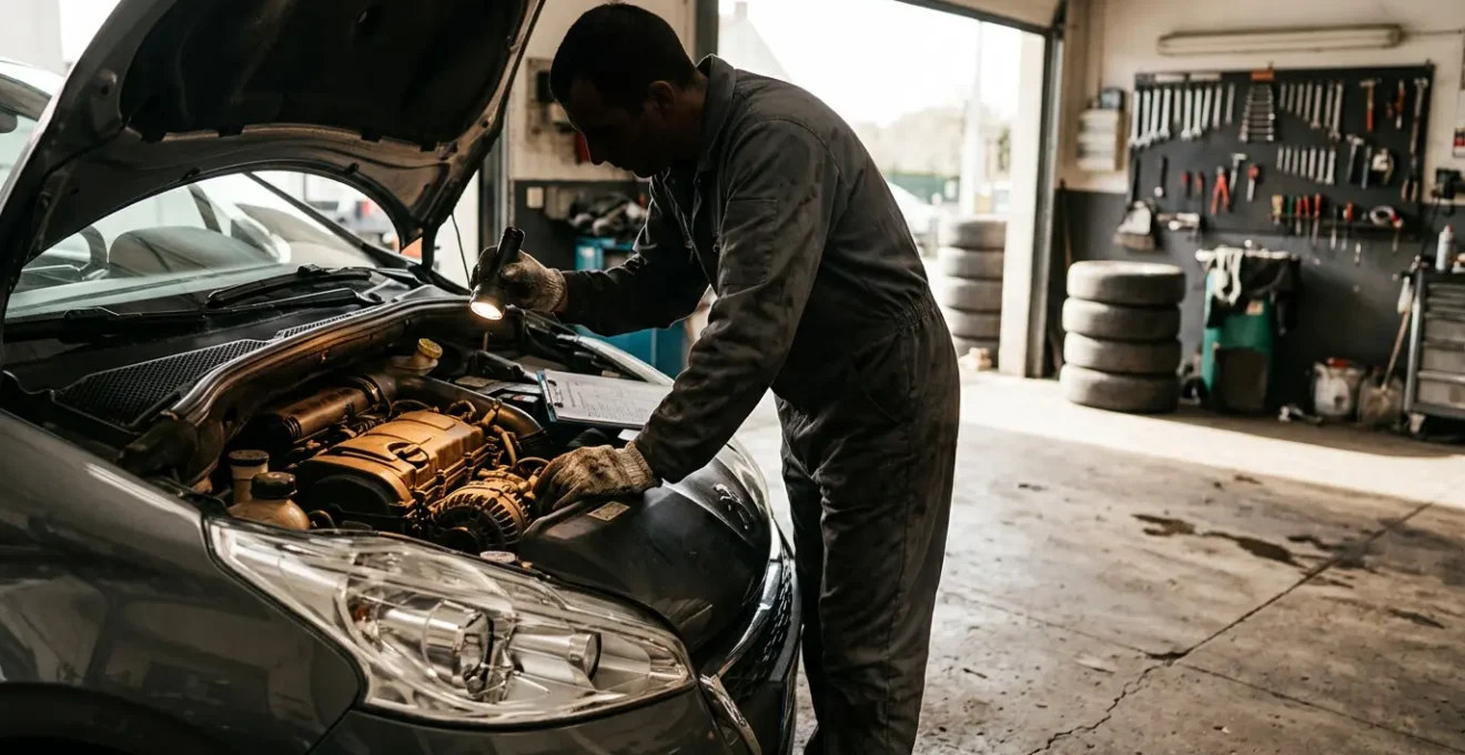 Inspection détaillée du moteur d'une voiture d'occasion avec capot ouvert sous éclairage naturel