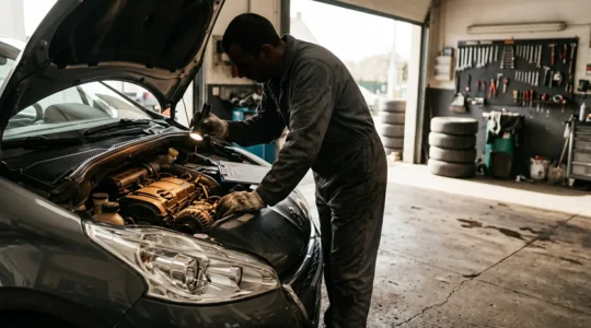 Inspection détaillée du moteur d'une voiture d'occasion avec capot ouvert sous éclairage naturel