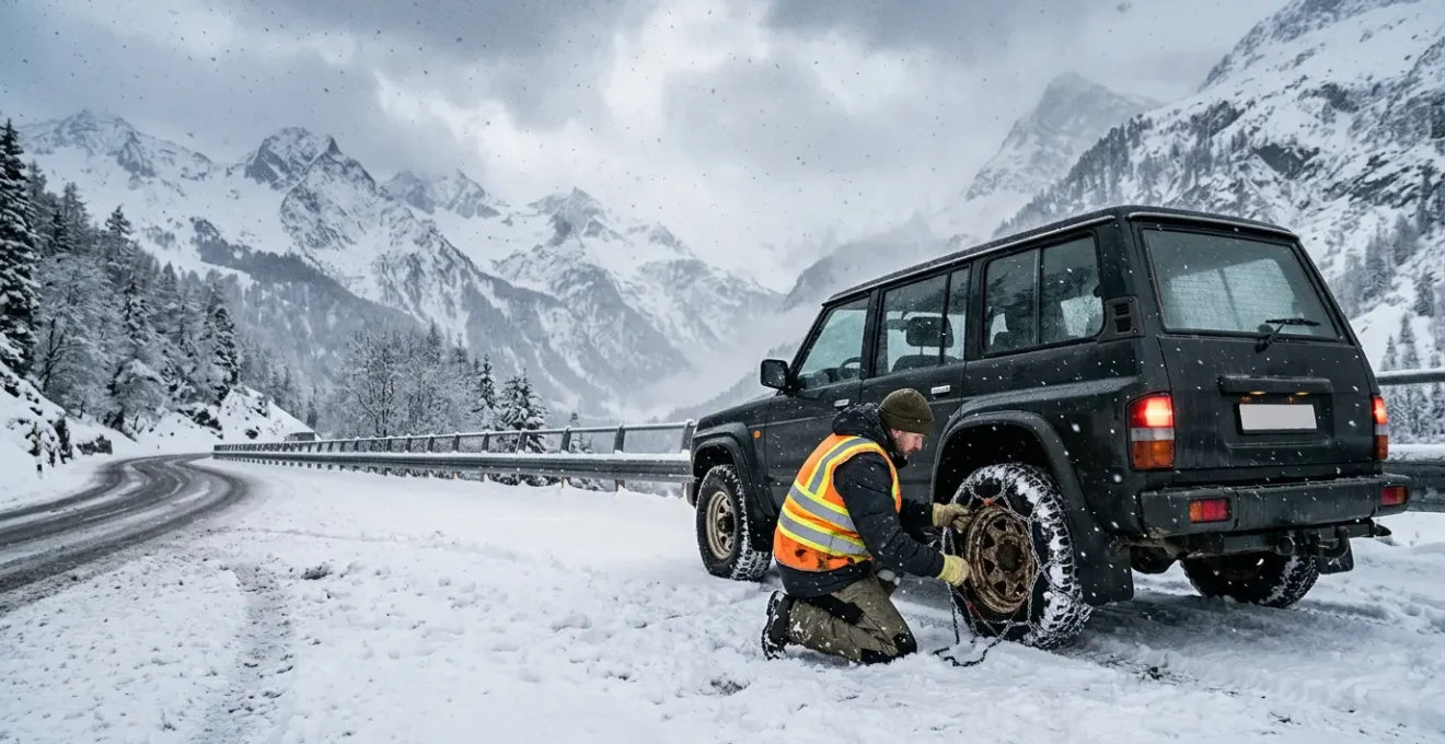 Conducteur montant des chaînes à neige sur un col enneigé en conditions difficiles