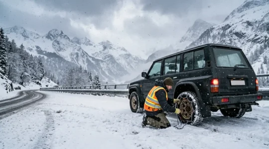 Conducteur montant des chaînes à neige sur un col enneigé en conditions difficiles