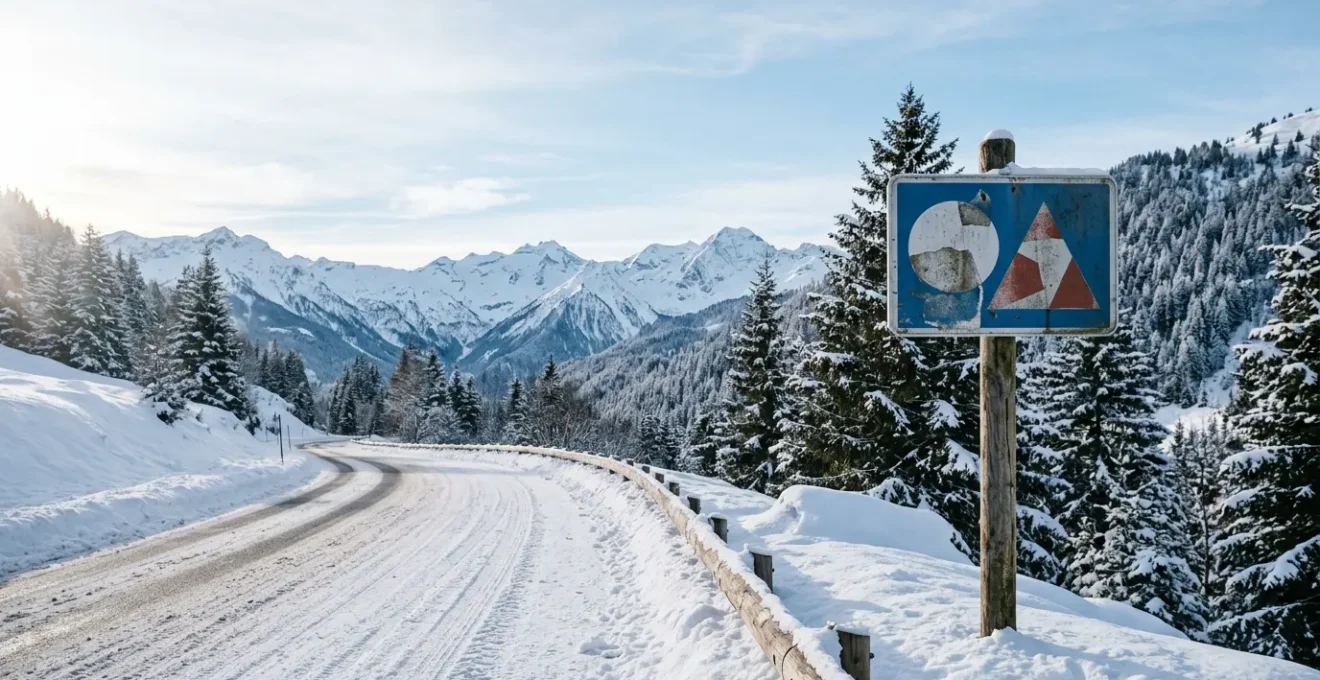 Panneau de signalisation B58 indiquant l'entrée d'une zone montagne sur une route enneigée française