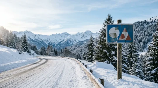 Panneau de signalisation B58 indiquant l'entrée d'une zone montagne sur une route enneigée française