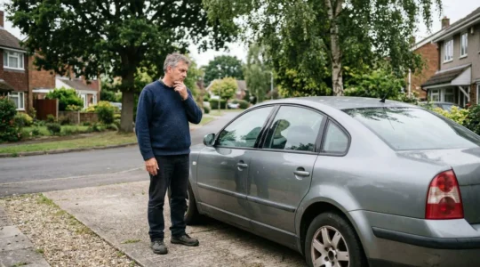 Homme européen observant sa berline grise d'une dizaine d'années stationnée dans un allée pavillonnaire