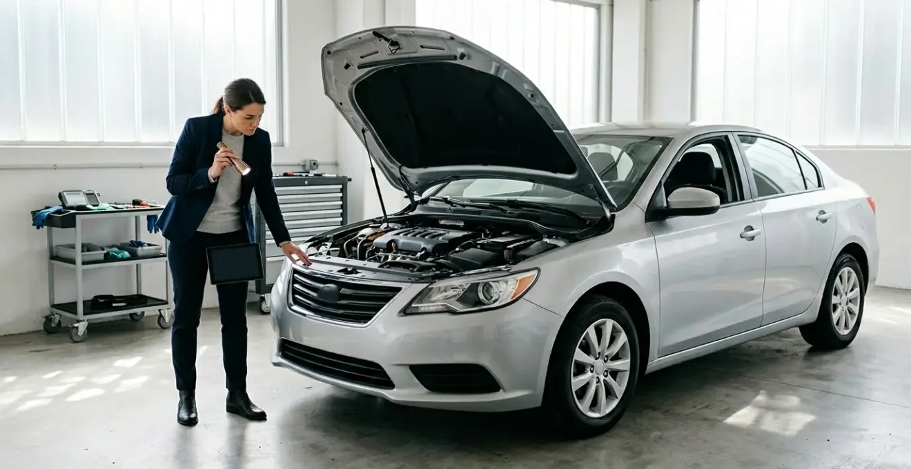 Inspection détaillée d'un véhicule d'occasion avec vérification du compteur kilométrique et de la carrosserie