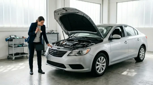 Inspection détaillée d'un véhicule d'occasion avec vérification du compteur kilométrique et de la carrosserie