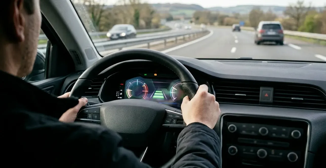 Vue rapprochée d'un tableau de bord moderne avec système de régulateur adaptatif activé sur autoroute