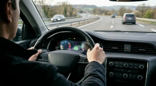 Vue rapprochée d'un tableau de bord moderne avec système de régulateur adaptatif activé sur autoroute