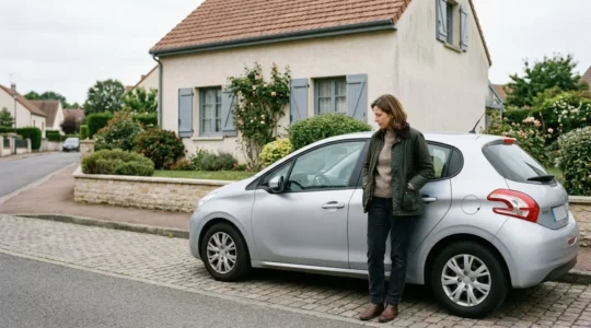 Conductrice occasionnelle devant sa voiture garée dans une allée résidentielle