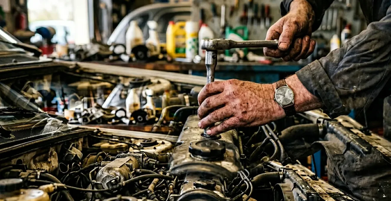 Mécanicien effectuant une révision dans un garage indépendant français
