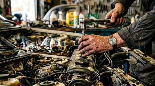 Mécanicien effectuant une révision dans un garage indépendant français