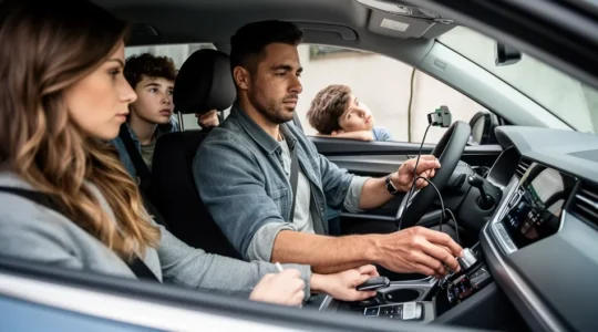 Intérieur moderne d'un SUV hybride rechargeable avec famille examinant le tableau de bord numérique